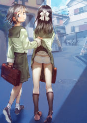 2girls ahoge arm_behind_back ass assisted_exposure bag bicycle black_footwear black_socks bow brown_eyes brown_footwear brown_hair building clothes_lift from_behind full_body green_shirt green_skirt hair_bow hair_ornament hairclip kneehighs kneepits legs lifting_another&#039;s_clothes long_hair looking_at_viewer looking_back multiple_girls original outdoors panties ribbon school_uniform serafuku shirt shoes short_hair skirt skirt_flip skirt_lift smile socks soon_(c-u-soon) thighs underwear walking white_panties