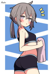 1girl absurdres artist_name ass bike_shorts black_shorts black_sports_bra blue_background blush breasts bright_pupils commentary_request cowboy_shot from_behind girls&#039;_frontline grey_hair hendra highres long_hair looking_at_viewer m200_(girls&#039;_frontline) notice_lines open_mouth pink_eyes ponytail short_shorts shorts signature simple_background small_breasts solo sports_bra white_pupils
