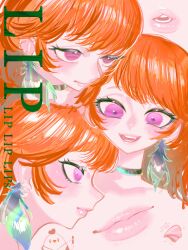 1girl absurdres blush choker colored_inner_hair commentary english_commentary english_text feathers gradient_hair green_choker green_feathers green_hair highres hololive hololive_english kfp_employee_(takanashi_kiara) lips long_hair multicolored_hair multiple_views orange_hair pink_lips portrait profile pungson_mori purple_eyes simple_background smile swept_bangs takanashi_kiara virtual_youtuber