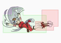 1girl :d ^_^ animal_ears arms_up blunt_bangs boots bow brown_hat closed_eyes dress ear_bow ear_covers ear_ornament ear_ribbon flying_kick full_body gloves gold_ship_(umamusume) hat high_heels hitbox horse_ears horse_girl horseshoe horseshoe_ornament kicking o-ring open_mouth pants pillbox_hat pollo_(pollo_pom) purple_bow red_bow red_dress sleeveless sleeveless_dress smile solo umamusume white_boots white_gloves white_pants