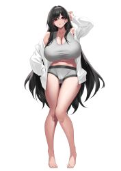 1girl :o absurdres barefoot black_hair bra breasts cleavage collarbone crossed_bangs feet full_body gluteal_fold grey_bra grey_pants highres huge_breasts jacket long_hair long_sleeves looking_at_viewer open_clothes open_shirt original panties pants red_eyes simple_background solo standing thighs toes transparent_background underwear very_long_hair white_jacket yamanokami_eaka