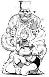 1boy 1girl ? animal boots cellphone choker collarbone confused debilitas demento dog fingernails fiona_belli greyscale hatching_(texture) heart hewie highres ireading long_fingernails long_hair monochrome on_one_knee open_mouth phone ponytail puffy_sleeves round_teeth selfie selfie_stick signature simple_background skirt sleeves_rolled_up smile sparkle sweat teeth upper_teeth_only w white_background