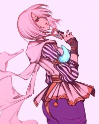 1girl card final_fantasy final_fantasy_xiv holding holding_card hooded_robe long_hair moshimoshibe nymeia one_eye_closed pants purple_pants red_eyes robe short_hair solo striped_sleeves white_hair