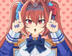 1girl absurdres animal_ears blue_bow blue_bowtie blue_nails bobamiruku bow bowtie brown_hair center_frills commentary daiwa_scarlet_(umamusume) english_commentary epaulettes fang frills hands_up heart heart_background highres horse_ears horse_girl light_blush long_sleeves looking_at_viewer open_mouth pointing pointing_up red_eyes slit_pupils solo tiara twintails umamusume world_is_mine_(vocaloid)