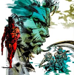2boys absurdres aiming bandana bodysuit facial_hair fighting_stance gun handgun highres holding holding_gun holding_sword holding_weapon katana long_hair male_focus metal_gear_(series) metal_gear_solid_2:_sons_of_liberty multiple_boys official_art profile projected_inset raiden_(metal_gear) shinkawa_youji sneaking_suit solid_snake suppressor sword third-party_source walking weapon