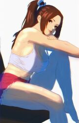 1girl artist_name artofmountainbro ass breasts brown_eyes brown_hair casual chair commentary english_commentary fatal_fury high_ponytail highres large_breasts mixed-language_commentary motoyui parted_lips patreon_username pink_shorts ponytail shiranui_mai shorts signature simple_background sitting smile solo street_fighter street_fighter_6 tank_top thighs watermark web_address white_background white_tank_top