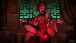 1girl :d birdcage black_dress blue_eyes boots breasts cage china_dress chinese_clothes commentary_request copyright_notice dress earrings hair_over_shoulder holding holding_smoking_pipe hololive indoors ishihara_(kuniyoshi) jewelry lace-up_boots large_breasts looking_at_viewer low_ponytail official_alternate_costume official_art open_mouth pink_hair platform_boots ponytail sharp_teeth side_slit sitting sleeveless sleeveless_dress smile smoking_pipe solo swept_bangs takane_lui takane_lui_(5th_costume) teeth virtual_youtuber