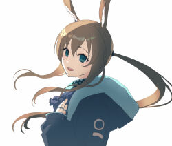 Rule 34 | 1girl, :d, amiya (arknights), animal ears, aqua eyes, arknights, black jacket, brown hair, commentary request, hair between eyes, hand on own chest, jacket, jewelry, long hair, looking at viewer, multiple rings, open mouth, partial commentary, ponytail, ring, shumizoku, sidelocks, simple background, sleeves past wrists, smile, solo, white background