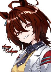 agnes_tachyon_(umamusume) ahoge animal_ears bright_pupils brown_eyes brown_hair ear_ornament hair_between_eyes highres horse_ears horse_girl lab_coat mothinus necktie smile smug umamusume