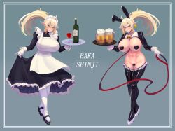 1girl abs absurdres alcohol animal_ears apron beer_mug bell blonde_hair blue_eyes blush bottle breasts buttslayer cleavage commentary commission cowbell cup drinking_glass ear_tag elf english_commentary fake_animal_ears full_body gloves grin hair_between_eyes heart_maebari heart_pasties highres holding holding_tray huge_breasts leash long_hair long_sleeves looking_at_viewer maebari maid maid_apron maid_headdress meme_attire mug multiple_views muscular muscular_female navel neck_bell original pantyhose pasties pointy_ears ponytail pout rabbit_ears reverse_bunnysuit reverse_outfit smile standing teeth tray wine_bottle wine_glass