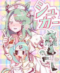 1girl @_@ absurdres ahoge animal_ears apron blush bow chibi dress embarrassed frills green_hair hair_ornament hairclip hat highres horse_ears horse_girl horse_tail long_sleeves looking_at_viewer medium_hair multiple_views nurse nurse_cap off_shoulder open_mouth pink_dress puffy_short_sleeves puffy_sleeves purple_eyes shironism short_sleeves skirt socks striped_clothes striped_socks sugar_lights_(umamusume) sweat sweatdrop tail umamusume