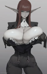 1girl alternate_breast_size black_bustier black_gloves blunt_bangs breast_lift breasts bustier closed_mouth frilled_bustier gigantic_breasts gloves highres hulkenberg_(metaphor:_refantazio) long_hair long_pointy_ears long_sleeves looking_at_viewer metaphor:_refantazio pointy_ears red_hair simhugger simple_background skin_tight solo standing