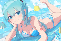 2girls aqua_eyes aqua_hair arm_tattoo ass bikini blonde_hair blue_bikini breasts butt_crack closed_mouth commentary_request hair_between_eyes hand_on_own_cheek hand_on_own_face hatsune_miku kagamine_rin long_hair looking_at_viewer lying mikudayo multicolored_bikini multiple_girls number_tattoo on_stomach smile striped_clothes swimsuit tattoo twintails two-tone_bikini very_long_hair vocaloid water white_bikini yukichi_(yu-ame)