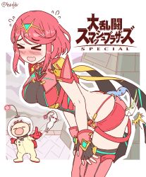 1boy 1girl armor ass astronaut belt bent_over blush border breasts butt_crack cape closed_eyes cuffs english_text fighting grabbing hair_ornament hyrule_castle large_breasts midriff nintendo olimar open_mouth pikmin_(creature) pikmin_(series) pongldr pyra_(xenoblade) raised_eyebrows red_hair self-upload short_hair short_shorts shorts simple_background size_difference spanked spanking standing super_smash_bros. sweatdrop thick_thighs thighhighs thighs white_border xenoblade_chronicles_(series) xenoblade_chronicles_2
