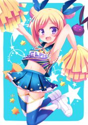 Rule 34 | 10s, 1girl, :3, :d, armpits, bad id, bad pixiv id, bare arms, blonde hair, blue background, blue ribbon, blue skirt, blush, character name, cheerleader, collarbone, collared shirt, commentary request, crop top, double bun, female focus, full body, hair bun, hair ribbon, looking at viewer, midriff, monster strike, multicolored legwear, navel, open mouth, outstretched arm, parted bangs, pleated skirt, pom pom (cheerleading), purple eyes, ribbon, shirt, shoes, sidelocks, skirt, sleeveless, sleeveless shirt, smile, solo, star (symbol), star symbol background, thighhighs, tsubaki (tubaki763), two-tone background, white background, white shoes