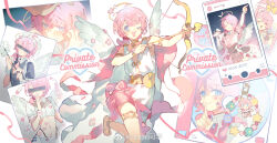1girl ^_^ alternate_costume angel_wings antenna_hair apron arrow_(projectile) barefoot_sandals_(jewelry) belt black_dress black_panties blouse blue_brooch blue_eyes bow bow_(weapon) buttons cd_case cellphone cellphone_charm censored character_charm charm_(object) closed_eyes closed_mouth coat collared_coat collared_dress collared_shirt commentary commission cowboy_shot cross cross_print cupid drawing_bow dress dress_bow duster enmaided eyelashes feather_duster feathered_wings flower food food_on_head frilled_apron frilled_sleeves frills gold_armlet gold_choker gold_thighlet greco-roman_clothes halo hand_on_own_chin heart_on_cheek highleg highleg_panties highres holding holding_arrow holding_bow_(weapon) holding_syringe holding_weapon censored_identity idol jacket jewelry lapel_pin lapels leg_up light_blush long_hair long_sleeves looking_at_viewer low_twintails maid marking_on_cheek miniskirt multiple_views navel necktie nomi_tongxue notched_lapels nurse object_on_head open_clothes open_jacket open_mouth original panties phone pink_bow pink_flower pink_hair pink_necktie pink_ribbon pink_shawl pink_skirt pleated_skirt puffy_short_sleeves puffy_sleeves ribbon sample_watermark shawl shirt short_dress short_hair short_sleeves single_stripe skirt skirt_set sleeveless sleeveless_dress smartphone smile social_network striped_clothes striped_wrist_cuffs symbol-only_commentary syringe teeth thighlet toes traditional_halo twintails two-sided_coat two-sided_fabric underwear upper_teeth_only very_long_hair watermark wavy_hair weapon weibo_watermark white_apron white_background white_dress white_jacket white_shirt white_skirt white_wings white_wrist_cuffs wings wrist_cuffs yellow_belt yellow_halo yellow_ribbon
