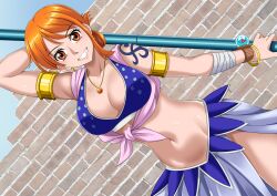 Rule 34 | 1girl, arm tattoo, arm up, arm wrap, bangle, bare shoulders, bikini, bikini top only, blue bikini, blue skirt, bracelet, breasts, brick wall, cleavage, clima-tact, collarbone, commentary request, cowboy shot, dutch angle, earrings, folded ponytail, gold armlet, grin, groin, highres, holding, holding staff, jewelry, large breasts, log pose, long skirt, looking at viewer, midriff, nami (one piece), navel, necklace, one piece, orange eyes, orange hair, paid reward available, partial commentary, pearl earrings, shoulder tattoo, skirt, smile, solo, staff, standing, swimsuit, tattoo, teeth, wavelevel5
