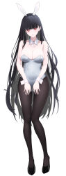1girl absurdres animal_ears bare_shoulders black_footwear black_hair black_pantyhose blue_archive blush breasts cleavage covered_navel detached_collar full_body highres large_breasts leotard long_hair pantyhose parted_lips playboy_bunny rabbit_ears red_eyes rio_(blue_archive) simple_background solo too_(totoo) variant_set very_long_hair white_background wrist_cuffs