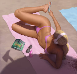 1girl beach bikini blonde_hair blood blood_splatter book breasts dark-skinned_female dark_skin day headphones lying medium_breasts navel on_side open_book original outdoors pink_bikini ponytail sandals shadow solo steven_stahlberg strapless strapless_bikini sunglasses swimsuit towel unworn_eyewear white_sandals