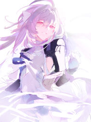 1girl absurdres ahoge braid breasts dress fate/grand_order fate_(series) fui_(fui29493452) gloves grin hair_ribbon highres lady_avalon_(fate) lady_avalon_(third_ascension)_(fate) long_hair long_sleeves looking_at_viewer medium_breasts merlin_(fate/prototype) pointy_ears red_eyes ribbon smile solo very_long_hair white_dress white_gloves white_hair