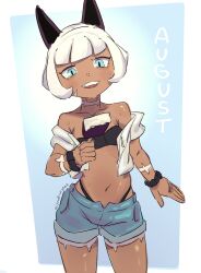 Rule 34 | 1girl, blue background, blue eyes, bobby socks, cat girl, cowboy shot, cutoffs, dark-skinned female, dark skin, denim, denim shorts, facing viewer, food, grey hair, looking at viewer, ms. fortune (skullgirls), navel, ojiskeleton, open mouth, popsicle, scar, shorts, skullgirls, smile, socks, solo, strapless, sweat, thong, towel, tube top