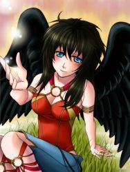 1girl armlet bad_id bad_pixiv_id black_hair black_wings blue_eyes blush breasts cleavage female_focus fire_emblem fire_emblem:_radiant_dawn gradient_background grass jewelry laguz_(race) long_hair medium_breasts nature nintendo o-ring o-ring_top plant sitting solo tomygrave vika_(fire_emblem) wings