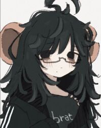 1girl ahoge animal_ears bad_link bags_under_eyes black-framed_eyewear black_eyes black_hair blush flat_chest highres huge_ahoge indie_virtual_youtuber large_ears long_hair m_emu_xo messy_hair mesugaki mole mole_under_mouth mouse_(animal) mouse_ears mouse_girl petite rectangular_eyewear ririgaki sleepy virtual_youtuber