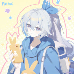 1girl absurdres alternate_costume artist_name backpack bag blue_eyes blue_shirt bronya_zaychik bronya_zaychik_(herrscher_of_truth) closed_mouth commentary_request grey_hair hair_between_eyes high_ponytail highres holding holding_phone homu_(honkai_impact) honkai_(series) honkai_impact_3rd hooded_shirt long_hair looking_at_viewer phone pink_pupils pmg ponytail shirt smile solo star_(symbol) upper_body