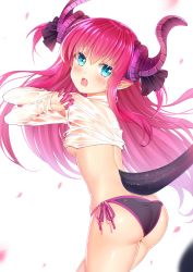 1girl :o absurdres ass bikini black_bikini blue_eyes breasts cowboy_shot curled_horns elizabeth_bathory_(fate) elizabeth_bathory_(fate/extra) fate/extra fate/extra_ccc fate_(series) female_focus highres horns long_hair long_sleeves looking_at_viewer looking_back nipples no_bra open_mouth petals pink_hair pointy_ears saliva sannio see-through_clothes shirt side-tie_bikini_bottom simple_background small_breasts solo standing swimsuit tail thighs undressing wet wet_clothes wet_shirt white_background