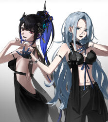 2girls :d alternate_costume armlet asymmetrical_horns backless_dress backless_outfit black_bra black_dress black_gloves black_hair black_pants black_scarf blue_eyes blue_hair blue_nails bra bracelet breasts choker cleavage colored_inner_hair commentary curtained_hair demon_horns dress earrings english_commentary flower flower_knot gloves gradient_background grey_background grey_hair hair_ornament half_gloves hand_up hands_on_own_chest headset high_ponytail highres hololive hololive_english horn_flower horns jewelry long_hair looking_at_viewer looking_back median_furrow medium_breasts mole mole_under_eye monarch_(amalee) moonie multicolored_hair multiple_girls nail_polish navel nerissa_ravencroft no_shirt official_art open_mouth pants ponytail purple_eyes sample_watermark scarf simple_background sleeveless sleeveless_dress smile stomach tassel tassel_hair_ornament underwear uneven_horns very_long_hair virtual_youtuber vshojo watermark