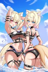 2girls absurdres aircraft animal_ear_fluff animal_ears arms_behind_head arms_up bare_shoulders bikini black_bikini blonde_hair blue_eyes blue_hair breasts cleavage cowboy_shot dog_ears dog_girl dog_tail fuwawa_abyssgard fuwawa_abyssgard_(holonatsu_paradise) helicopter highres hololive hololive_english holonatsu_paradise inokeiwd large_breasts long_hair mococo_abyssgard mococo_abyssgard_(holonatsu_paradise) multicolored_hair multiple_girls pink_eyes pink_hair short_hair siblings signature sisters small_breasts standing streaked_hair sunlight swimsuit tail twins two-tone_hair virtual_youtuber wading