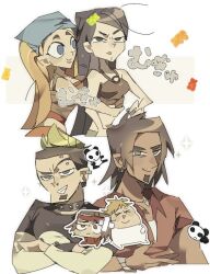 2girls 4boys alejandro_(total_drama) bandana black_eyes black_hair black_shirt blue_bandana blue_eyes brown_hair candy choker commentary_request crossed_arms dark-skinned_male dark_skin dokusuji_(kw9onou58) duncan_(total_drama) eyebrow_piercing facial_hair food green_hair gummy_bear heather_(total_drama) jewelry lindsay_(total_drama) long_hair mohawk multiple_boys multiple_girls necklace nose_piercing owen_(total_drama) panda piercing red_shirt red_tank_top shirt spiked_choker spikes tank_top total_drama translation_request