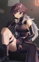 1girl absurdres asymmetrical_clothes bare_shoulders black_hair bodysuit boots breasts elbow_gloves fingerless_gloves gloves goddess_of_victory:_nikke gradient_hair highres k_(nikke) large_breasts long_hair miyure multicolored_hair red_eyes sitting solo thigh_strap very_long_hair white_hair
