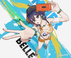 Rule 34 | 1girl, belle (summer skies) (zenless zone zero), belle (zenless zone zero), bikini, bikini under clothes, bikini under shorts, black nails, blue hair, breasts, bucket hat, cleavage, crossed bangs, earrings, full body, green eyes, hat, highres, holding, holding phone, jewelry, navel, off-shoulder shirt, off shoulder, official alternate costume, okutogi, orange bikini, orange shorts, phone, see-through clothes, see-through shirt, shirt, short shorts, shorts, smile, swimsuit, tied shirt, w, white shirt, zenless zone zero
