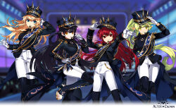 Rule 34 | 4girls, ara haan, audience, black boots, black coat, black hair, black hat, blonde hair, blue eyes, blue sash, blunt bangs, blurry, blurry background, boots, clenched teeth, closed mouth, coat, crossed bangs, depth of field, determined, dress pants, elesis (elsword), elf, elsword, epaulettes, feet out of frame, game cg, gloves, glowstick, green eyes, green hair, hair between eyes, hand on headwear, hand on own hip, happy, hat, headset, high heel boots, high heels, highres, hwansang, idol, leg up, light blush, logo, long hair, long sleeves, looking at viewer, military uniform, multiple girls, night, night sky, official alternate costume, official art, open mouth, outdoors, pants, parted lips, penlight (glowstick), pointing, pointing at viewer, pointy ears, ponytail, red eyes, red hair, rena erindel, rose (elsword), sash, shako cap, sky, sleeve cuffs, smirk, stage, stage lights, swept bangs, teeth, thigh boots, third-party source, very long hair, white gloves, white pants, yellow eyes