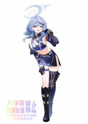 Rule 34 | 1girl, ako (blue archive), alternate costume, asymmetrical footwear, belt, black boots, black gloves, black skirt, black thighhighs, blue archive, blue eyes, blue hair, boots, breasts, full body, gloves, hair between eyes, halo, hamanashi (trapiorra), highres, knee boots, large breasts, long sleeves, midriff, navel, open mouth, race queen, sideboob, simple background, single thighhigh, skirt, smile, solo, standing, thigh boots, thigh strap, thighhighs, uneven footwear, white background, zipper pull tab