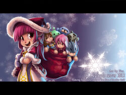 1girl arch_bishop_(ragnarok_online) blunt_bangs cape character_doll christmas commentary cowboy_shot dress english_commentary fur-trimmed_cape fur-trimmed_gloves fur_trim gloves guillotine_cross_(ragnarok_online) hat high_wizard_(ragnarok_online) holding holding_sack layered_dress long_hair looking_at_viewer open_mouth pink_hair poporing purple_dress purple_gloves raccoon ragnarok_online red_cape red_eyes red_hat rune_knight_(ragnarok_online) sack santa_hat seal_(ragnarok_online) smile smokie_(ragnarok_online) snowflakes solo stuffed_raccoon stuffed_seal stuffed_slime two-tone_dress warlockfier white_dress