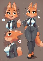 1girl ? animal animal_ears black_jacket black_necktie black_pants black_shoes blue_shirt breasts breath brown_background cleavage collar diane_foxington dreamworks fangs formal_clothes fox fox_ears fox_girl fox_tail furry green_eyes hand_on_own_hip heart jacket large_breasts long_sleeves looking_at_viewer looking_to_the_side multiple_views necktie open_clothes open_jacket open_mouth orange_fur pants puff_of_air shirt shoes smile sparkle speech_bubble spoken_gem spoken_heart spoken_object standing suit tail teeth the_bad_guys_(movie) tony_welt upper_body wide_hips