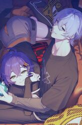 106bbkwii 1boy 1girl belle_(zenless_zone_zero) black_skirt blue_hair cellphone couch green_eyes grey_hair hair_between_eyes hair_ornament indoors looking_at_viewer lying phone short_hair single_thighhigh skirt smartphone thighhighs wise_(zenless_zone_zero) zenless_zone_zero