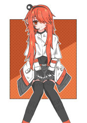 Rule 34 | a.i. voice, absurdres, adachi rei, alternate costume, belt, black footwear, black gloves, black skirt, black thighhighs, capelet, closed mouth, gloves, hair over one eye, highres, jacket, long bangs, long hair, long sleeves, miniskirt, noir (noire6959), orange belt, orange eyes, orange hair, shirt, skirt, smile, thighhighs, utau, white capelet, white jacket, zettai ryouiki