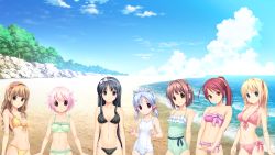 10s 6+girls beach bikini black_hair blonde_hair blue_hair braid breasts brown_eyes brown_hair clean_one_(tropical_vacation) cleavage cloud fukami_nagisa game_cg green_eyes groin hair_ribbon highres kagurazaka_namine kitami_minamo koigakubo_chihaya koutaro lineup loli long_hair looking_at_viewer multiple_girls navel ocean pink_eyes pink_hair ponytail purple_eyes red_hair ribbon short_hair small_breasts standing swimsuit takara_ichiko take_your_pick tokoro_koran tree tropical_kiss tropical_vacation twinkle_(company) water waves wood yellow_eyes