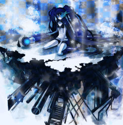 Rule 34 | 10s, 1girl, arm cannon, bad id, bad pixiv id, black rock shooter, black rock shooter (character), blue eyes, blue hair, blue theme, chimo, female focus, glowing, glowing eyes, hatsune miku, highres, kneeling, matching hair/eyes, solo, star (symbol), twintails, vocaloid, weapon
