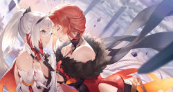 2girls arl armor bare_shoulders breasts cleavage closed_eyes face-to-face fur fur_collar fur_trim gloves hair_ornament hand_on_another&#039;s_face highres honkai_(series) honkai_impact_3rd kiana_kaslana kiana_kaslana_(herrscher_of_flamescion) long_hair multiple_girls murata_himeko murata_himeko_(vermillion_knight) ponytail red_hair shards silver_hair smile tears upper_body