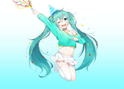 1girl absurdres aqua_background aqua_eyes aqua_hair aqua_sweater asymmetrical_legwear confetti female_focus gradient_background hair_between_eyes hat hatsune_miku highres hip_focus long_hair looking_at_viewer midriff mismatched_legwear navel off-shoulder off-shoulder_sweater off_shoulder one_eye_closed open_mouth party_hat party_popper pleated_skirt see-through_clothes skirt smile solo sweater tareme the_cold thighhighs thighs twintails very_long_hair vocaloid white_skirt white_thighhighs