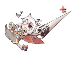 Rule 34 | 1girl, :d, animal ears, armor, armored boots, bell, blush, boots, bow, breastplate, brown eyes, cape, cat ears, cat girl, cat tail, chibi, chibi only, commentary request, crusader (ragnarok online), eyepatch, fang, fish, full body, grey hair, holding, holding polearm, holding weapon, jingle bell, jumping, lance, long hair, looking at viewer, medical eyepatch, neck bell, open mouth, polearm, porinu, ragnarok online, red bow, red cape, simple background, smile, solo, tail, tail bow, tail ornament, weapon, white background