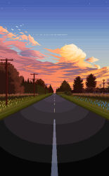 Rule 34 | atmospheric perspective, bird, blue sky, eastblueace, flower, forest, grass, highres, horizon, nature, no humans, orange clouds, original, outdoors, pixel art, power lines, road, scenery, sky, star (sky), starry sky, sunset