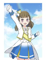 1girl :d arm_up black_bow blue_shoes blue_skirt blue_sky border bow braid brown_hair center-flap_bangs clenched_hands cloud collared_shirt commentary_request day gloves gradient_clothes gradient_skirt hair_bow highres jacket jumping kachimachi_kosuzu knees_out_of_frame link!_like!_love_live! long_hair long_sleeves love_live! love_live!_nijigasaki_high_school_idol_club miniskirt neck_ribbon nijiiro_passions!_(love_live!) official_alternate_costume open_clothes open_jacket open_mouth outside_border pink_eyes pleated_skirt rainbow raised_fist ribbon sash shirt shoes shoulder_sash side_braids skirt sky smile solo tottsan virtual_youtuber white_border white_gloves white_jacket white_ribbon white_shirt yellow_sash