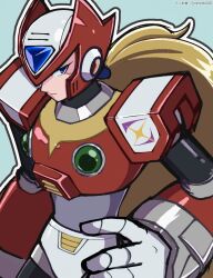 1boy android armor blonde_hair blue_eyes chest_jewel closed_mouth forehead_jewel gloves green_background half-closed_eyes hand_on_own_hip helmet highres jewelry long_hair looking_at_viewer mega_man_(series) mega_man_x_(series) nenndo100 ponytail red_armor red_helmet robot robot_ears shoulder_armor simple_background solo twitter_username very_long_hair white_gloves zero_(mega_man)