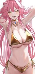1girl :d absurdres animal_ears armpits arms_up bikini breasts cat_ears cat_girl fangs female_pubic_hair gold_bikini gold_choker highres hololive hololive_english large_breasts navel open_mouth pendant_choker pink_hair pubic_hair pubic_hair_peek raora_panthera si_farid side-tie_bikini_bottom simple_background smile solo stomach swimsuit teeth virtual_youtuber white_background yellow_eyes