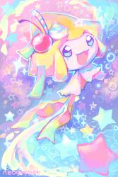 1other :3 artist_name blue_eyes bubble cherry colored_skin colorful commentary drinking_straw english_commentary food fruit gen_3_pokemon highres jirachi legendary_pokemon mythical_pokemon neogeopet nintendo open_mouth other_focus pokemon pokemon_(creature) pokemon_focus smile solo star_(symbol) whipped_cream white_skin yume_kawaii